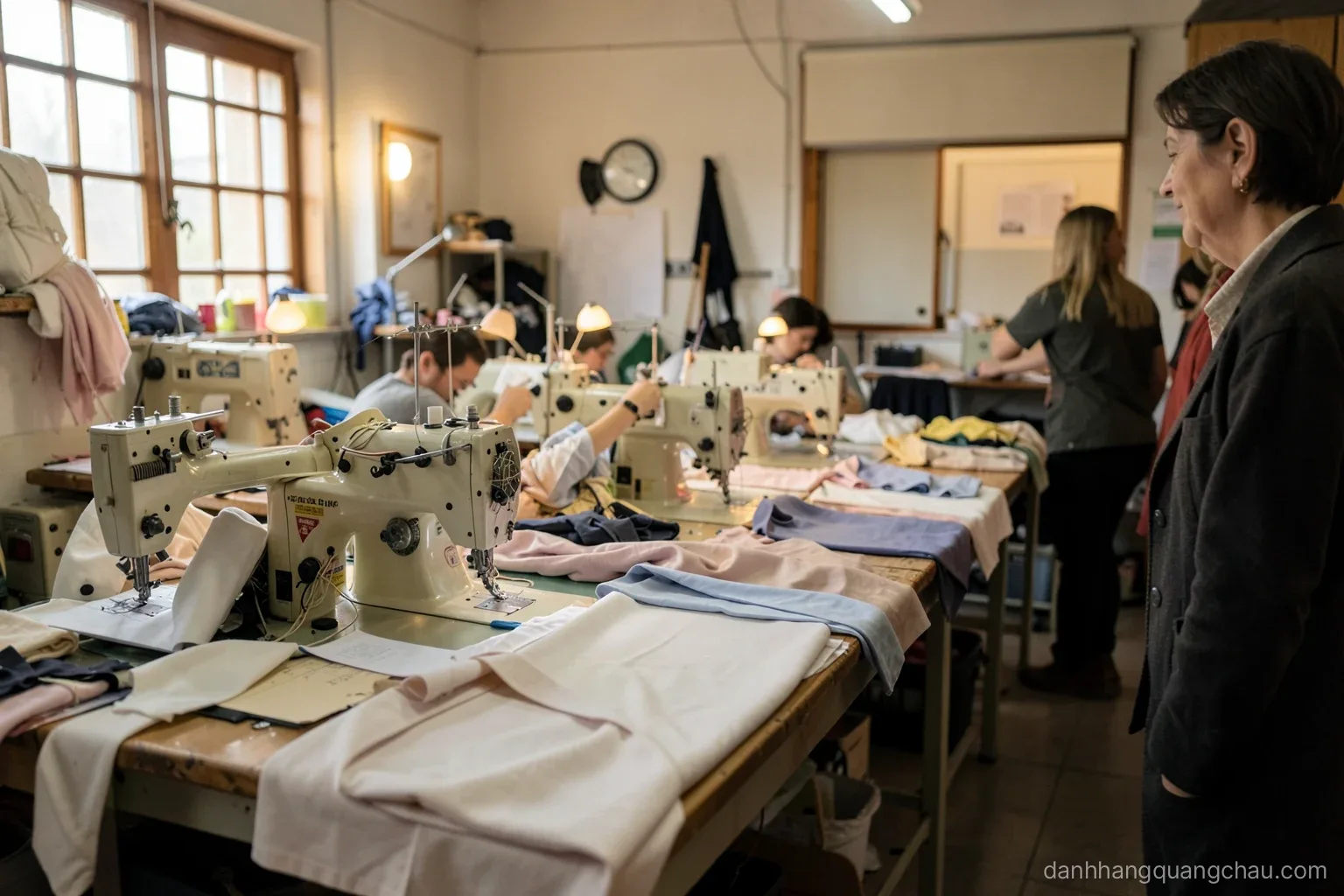 Inside a small garment workshop, rows of sewing machines with bolts of plain fabric, a pattern maker cutting cloth on a long table, a visitor watching from the side, warm side light