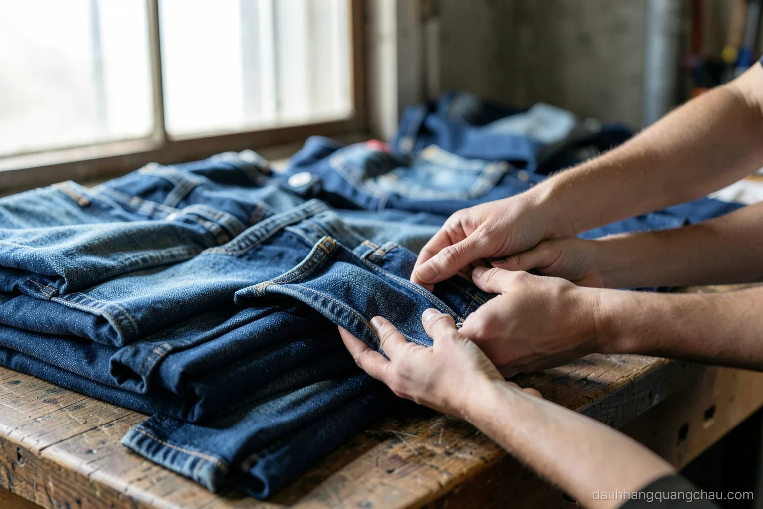 Stacks of folded blue jeans in varying washes on a wooden workbench, a pair of hands turning one inside out to inspect seams, industrial window light, shallow depth of field